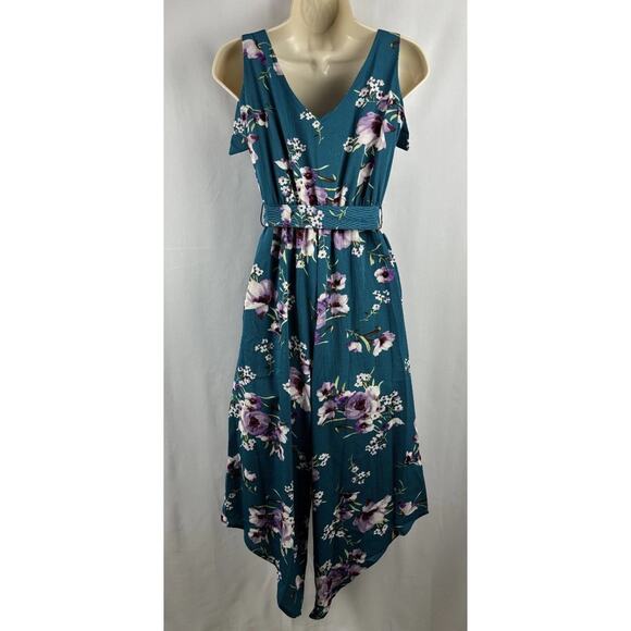 BelongSci Teal Floral Jumpsuit | XS | Wide Leg Sleeveless Romper with Belt - Picture 5 of 8